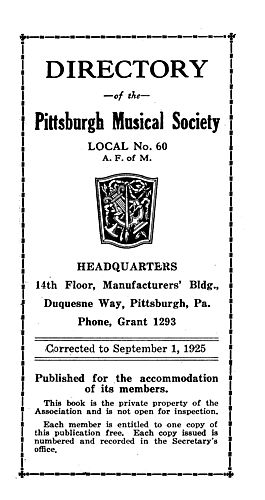 Directory of the Pittsburgh Musical Society, Local no. 60 A.F. of M