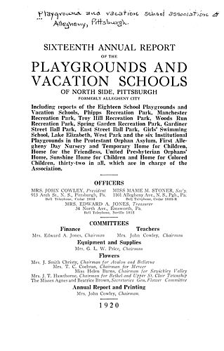 Annual report of the Playgrounds and Vacation Schools of North Side, Pittsburgh, formerly the city of Allegheny