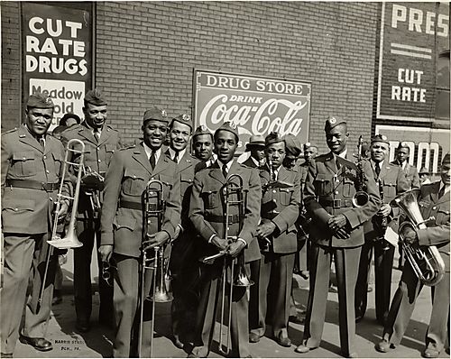 VFW parade band including Leroy Brown, Strong Glouser, and Coleman Richardson