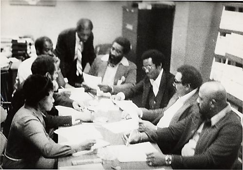 Meeting of members of the United Black Front, including Mal Goode, Harvey Adams, Ed (Ewari) Ellis, Clyde Jackson, and George Simmons