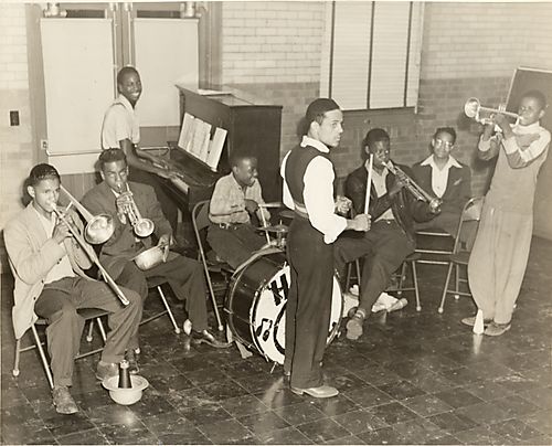 Jazz band with Horace Turner on trumpet, Bobby Boswell seated with trombone, Bobby Head on piano and Tommy Turrentine on trumpet