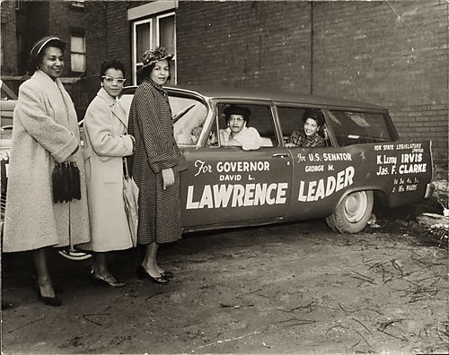 Campaign car - David L. Lawrence for Governor - with women including Mrs. K. Leroy Irvis in the back seat of the car
