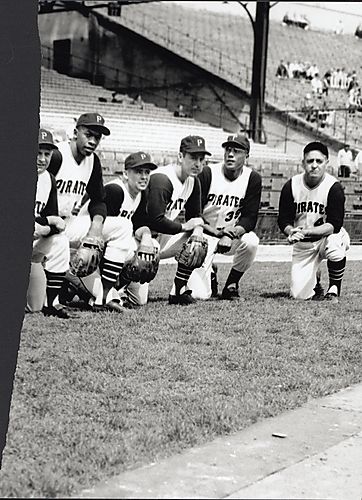 Pirates players Smokey Burgess, Donn Clendenon, Bob Veale, and manager Danny Murtaugh