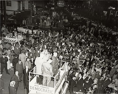 Harry Truman campaigning for presidential candidate Adlai Stevenson and running mate Estes Kefauver, at the intersection of Centre Avenue and Dinwiddie Street, Hill District