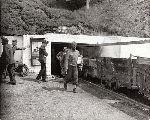 Coal miners leaving work, possibly at Library, Pennsylvania mine