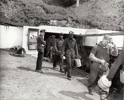 Coal miners leaving work, possibly at Library, Pennsylvania mine