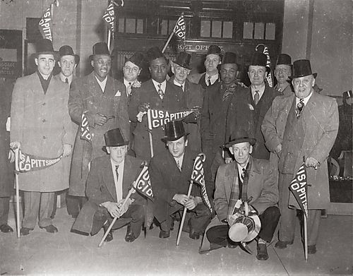Men with USA CIO Pittsburgh, Pennsylvania flags at the City County Building