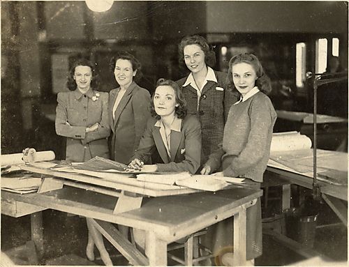 (5 women at drafting table)