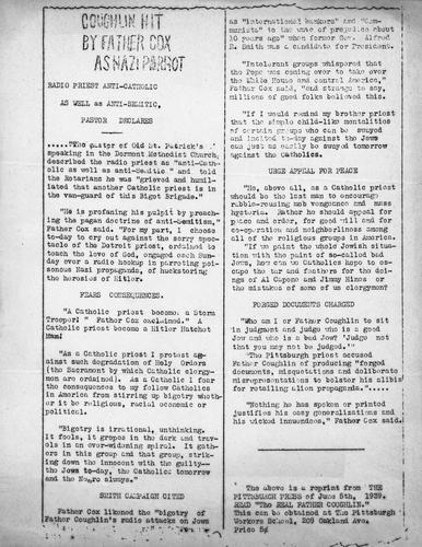 Coughlin Hit by Father Cox as Nazi Parrot article reprint