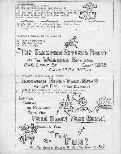 Election Returns Party at the Workers School announcement