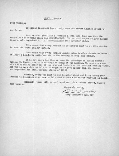 Special Notice: letter from City Committee Pittsburgh CP