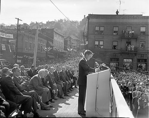 President Kennedy in Monessen: President John F. Kennedy speaking to a crowd in Monessen, Pennsylvania