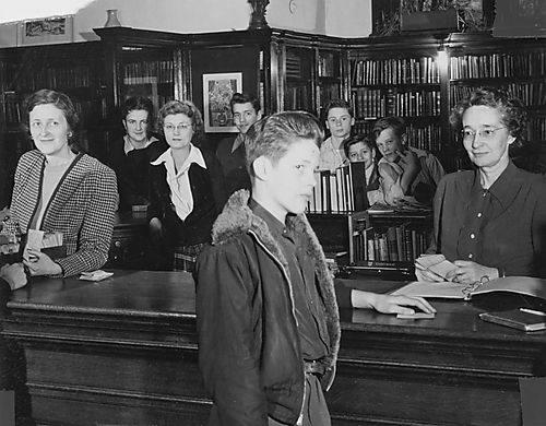 Teens and Librarians at Oakmont Carnegie Library Desk