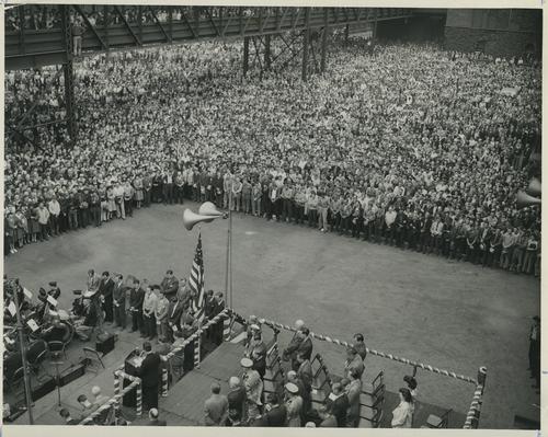 East Pittsburgh Westinghouse plant workers at a rally for full production during World War II