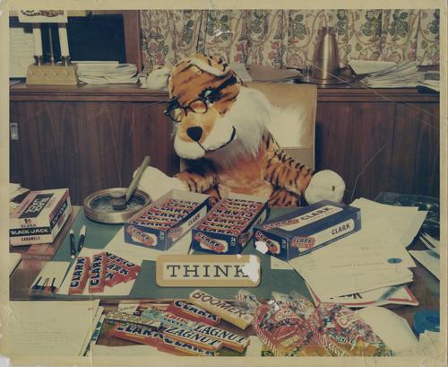 Tiger at desk with D. L. Clark Company products