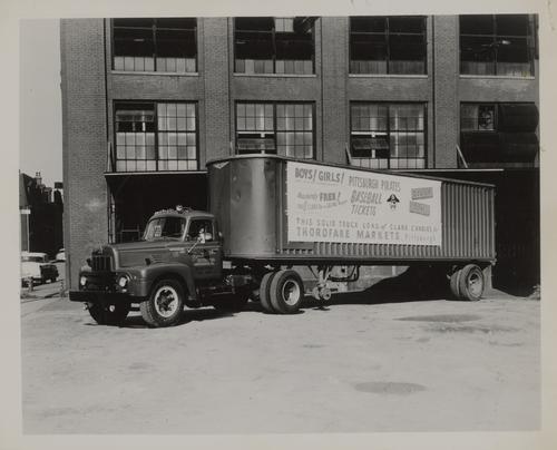 Shipping truck advertising D. L. Clark Company and Pittsburgh Pirates promotion