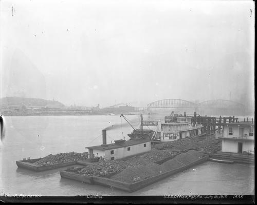 Riverboat and Coal Barges by Ohio River Portion of Pittsburgh Harbor