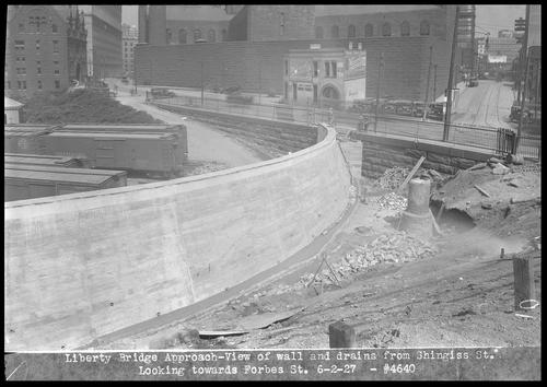 Liberty Bridge Approach - View of wall and drains from Shingiss St. Looking towards Forbes St.