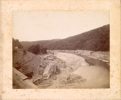 View of Little Conemaugh River from the new trestle bridge built by Pennsylvania Railroad to replace the Conemaugh Viaduct