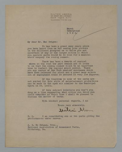 Letter from Milton Aborn to National Association of Amusement Parks