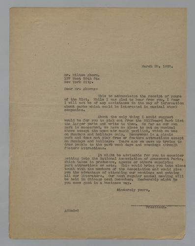 Reply from National Association of Amusement Parks to Milton Aborn