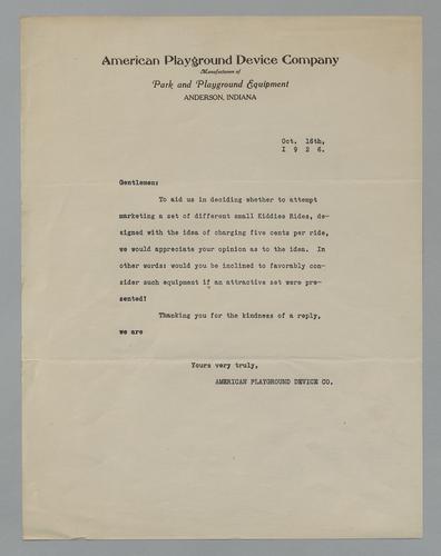 Letter from American Playground Device Co. to Kennywood