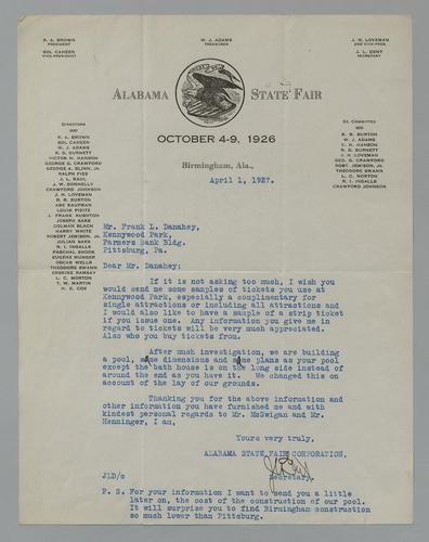 Letter from Alabama State Fair Corporation to Kennywood