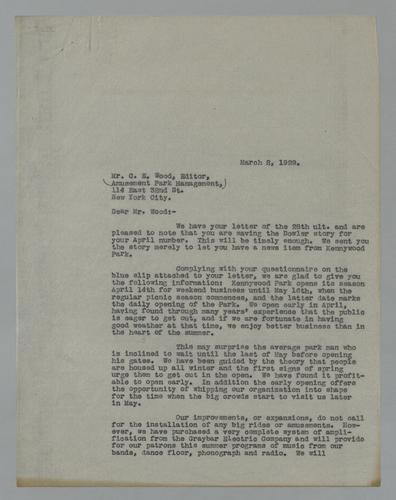 Letter from Kennywood to Amusement Park Management