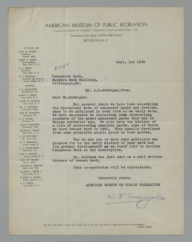 Letter from American Museum of Public Recreation to Kennywood