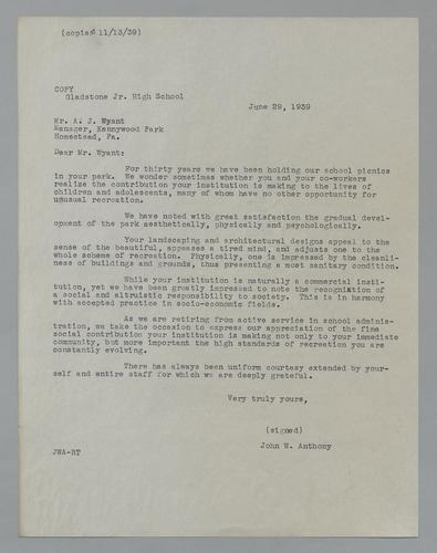 Letter from Gladstone Jr. High School to Kennywood