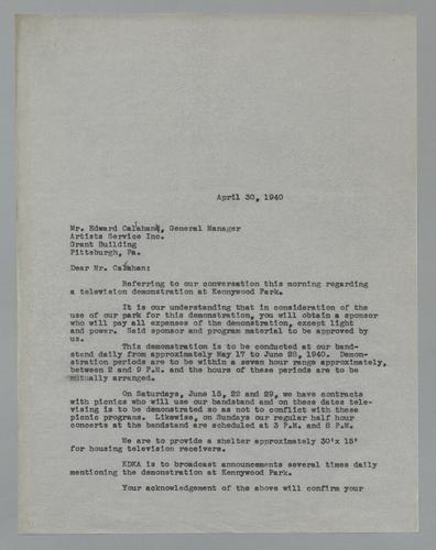 Letter from Kennywood to Artists Service Inc.