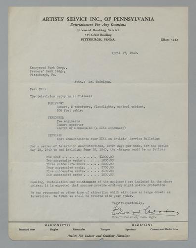 Letter from Artists Service Inc. to Kennywood