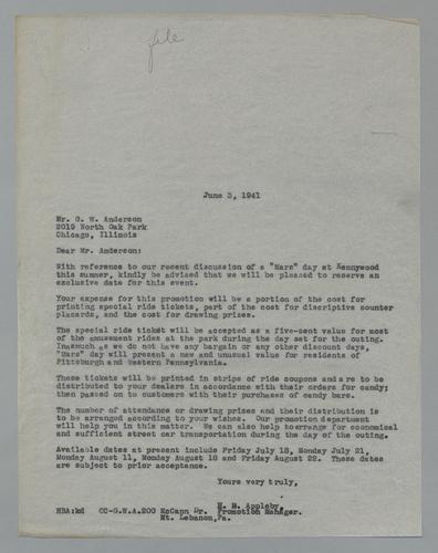 Letter from Kennywood to G.W. Anderson