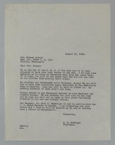 Letter from Kennywood to Private Roland Allard