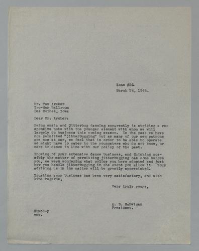 Letter from Kennywood to Tro-Mar Ballroom