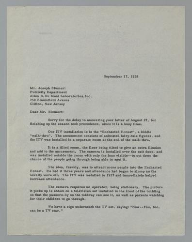 Letter form Kennywood to the Publicity Department at Allen B. Du Mont Laboratories Inc.