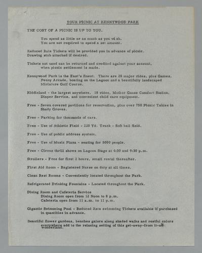 "Your Picnic at Kennywood Park" list of amenities