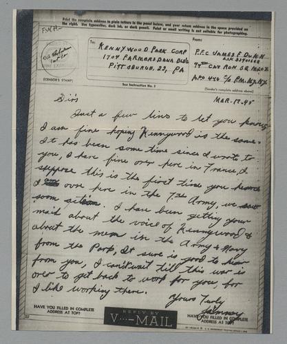 Letter from James F. Dukin to Kennywood via V-Mail