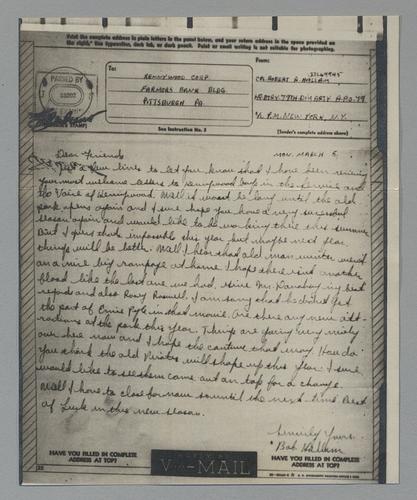 Letter from Robert A. Hallam to Kennywood via V-Mail