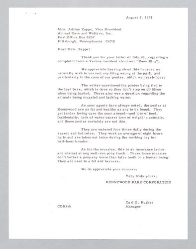 Kennywood reply to Animal Care and Welfare Inc.