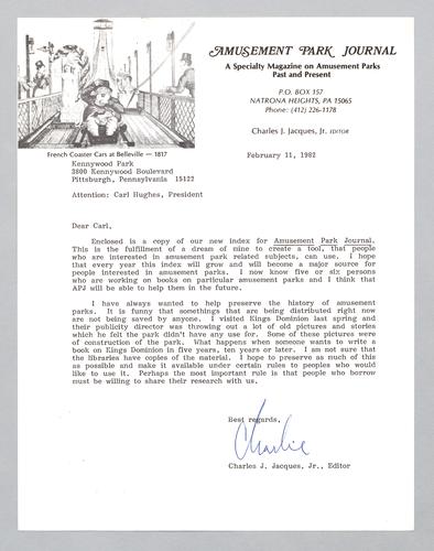 Letter from Charles J. Jacques Jr. to Kennywood