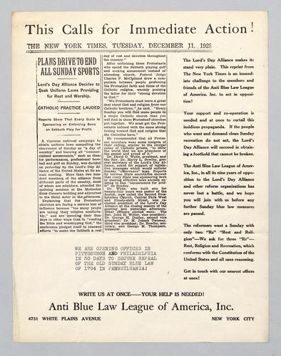Call for Action from Anti-Blue Law League of America