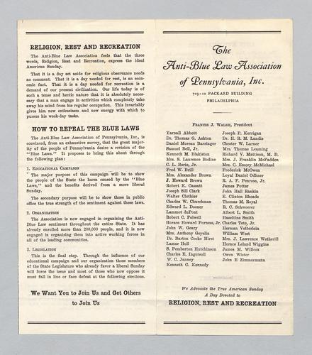 Anti-Blue Law Association of Pennsylvania Pamphlet