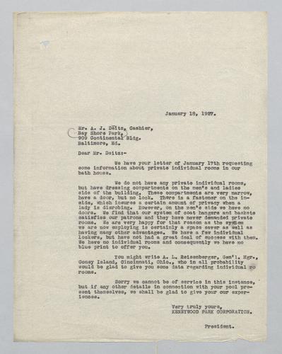 Letter from Kennywood to Bay Shore Park