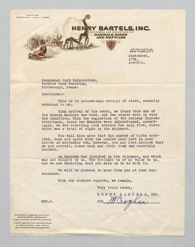 Reply from Henry Bartels Inc. to Kennywood