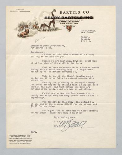 Letter from Bartels Co. to Kennywood