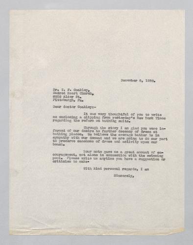 Letter from Kennywood to Sacred Heart Church