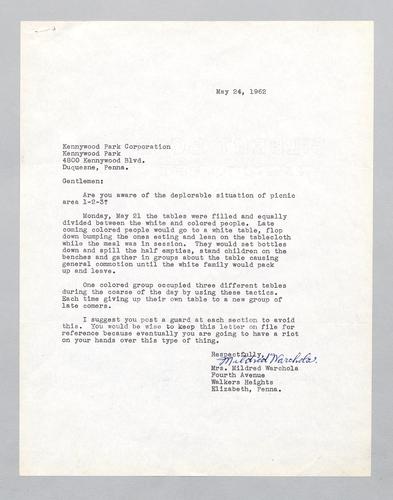 Letter from Mildred Warchola to Kennywood