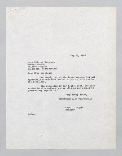 Reply from Kennywood to Mildred Warchola