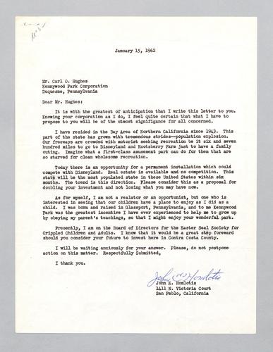 Letter from John E. Homlotis to Kennywood